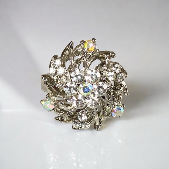 Large Vintage Clear Aurora Borealis Rhinestone Silver-tone Ring Adjustable. - Picture 1 of 6